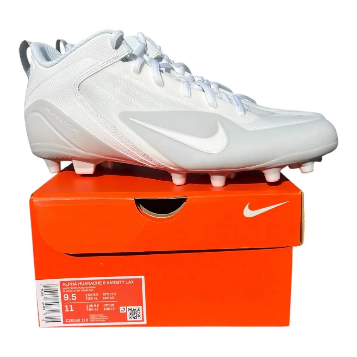 Nike Alpha Huarache 8 Varsity Lax Sizes 8-13 Lacrosse Cleats White CZ6558-110 - White
