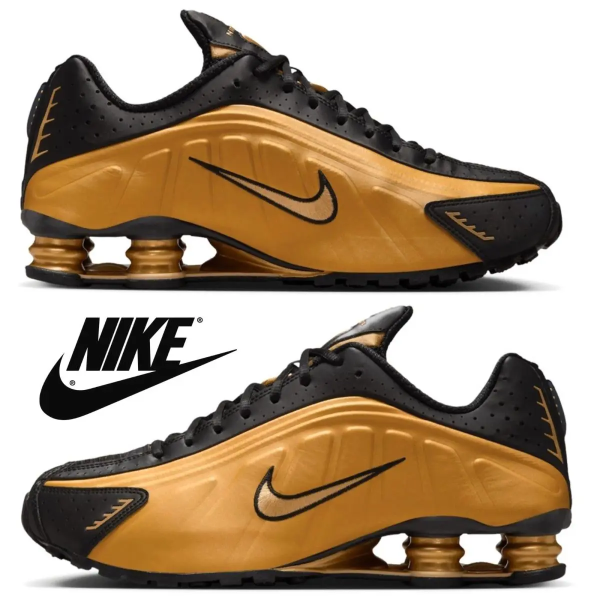 Nike Shox R4 Casual Men`s Sneakers Running Athletic Sport Comfort Shoes Gold - Gold, Maufacturer: Metallic Gold/Metallic Gold/Black