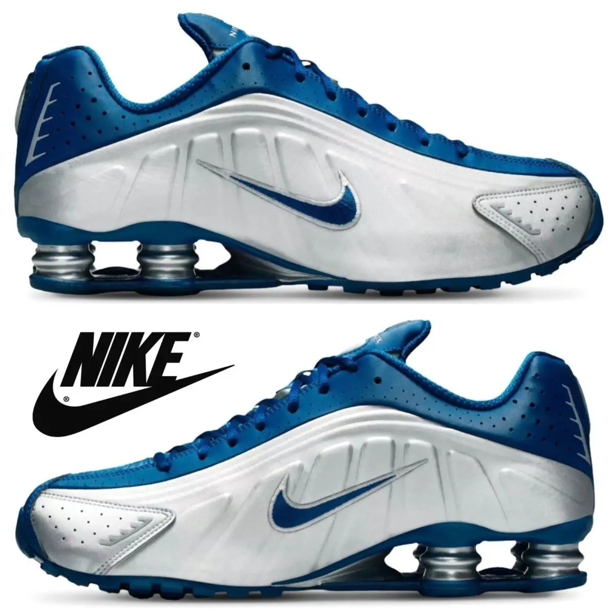 Nike Shox R4 Casual Men`s Sneakers Running Athletic Sport Comfort Shoes Silver - Silver, Maufacturer: Metallic Silver/Court Blue/White
