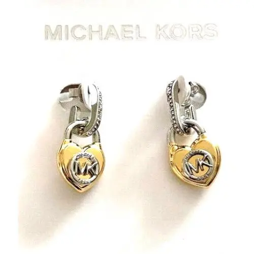 2 Tone Gold Brass Pave Crystals Heart Padlock Drop Hoop Earrings by Michael Kors