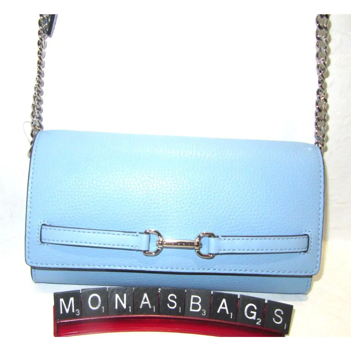 Michael Kors Carson Large Wallet On A Chain Light Sky Blue Pebbled Leather