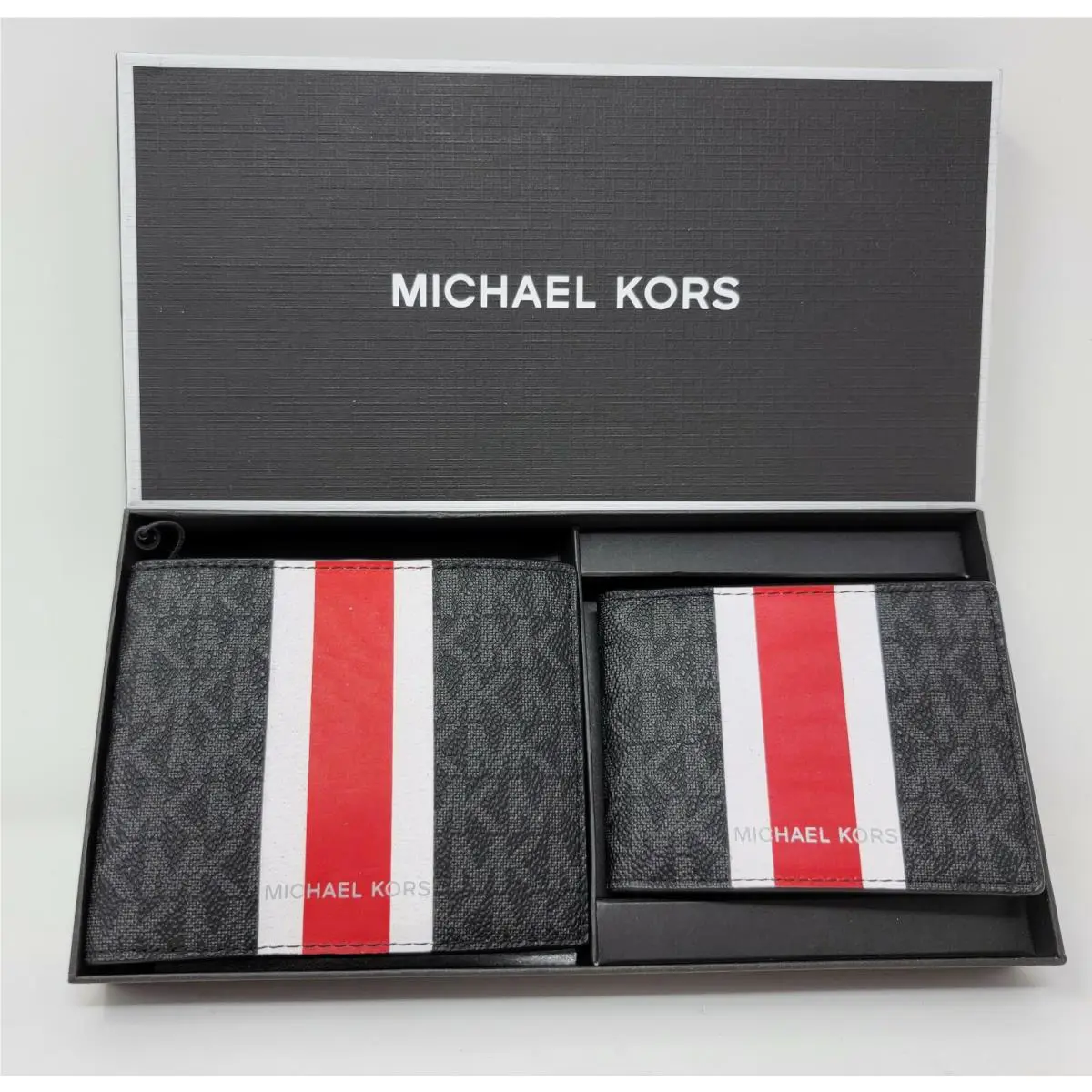 Michael Kors Mens Black and Flame Red Logo Stripe 3 in 1 Billfold Wallet Box Set