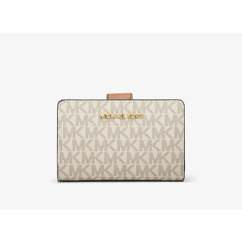 Michael Kors Jet Set Medium Bifold Zip Coin Signature Logo Wallet Vanilla