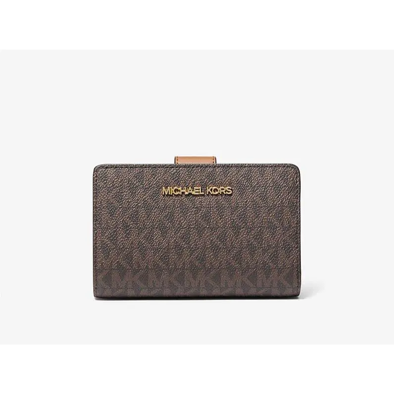 Michael Kors Jet Set Medium Bifold Zip Coin Signature Logo Wallet Brown