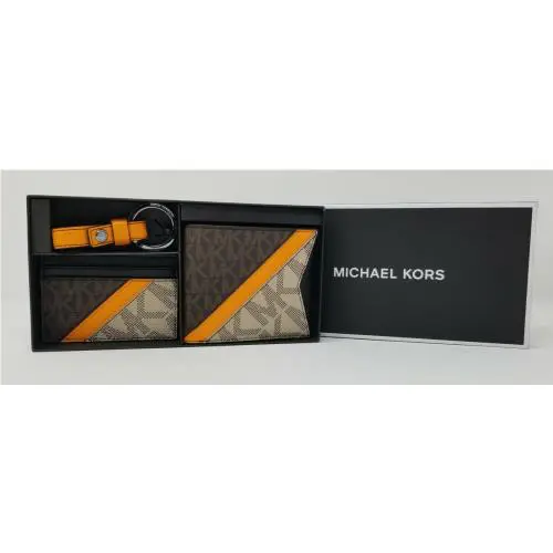 Michael Kors Colorblock Logo Brown/mango Billfold Card Case Key Fob Box Gift Set