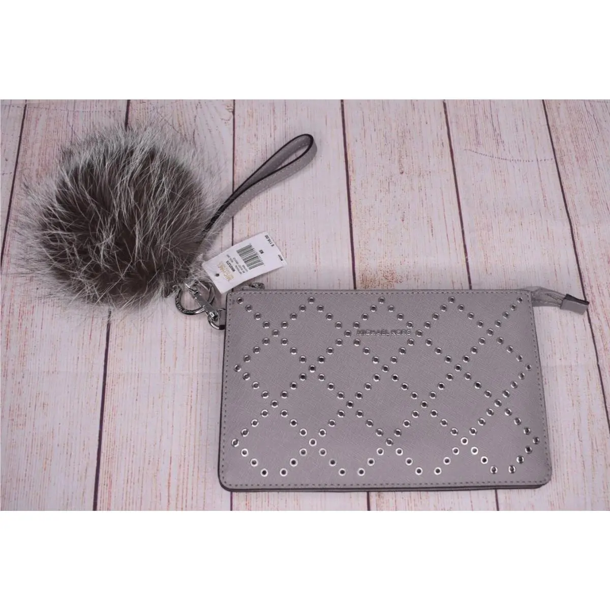 Michael Kors Medium Gusset Grey Leather Wristlet W/ Fur Key Fob Keycha