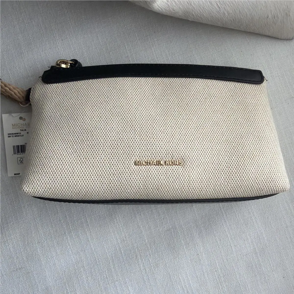 Michael Kors Talia Natural Canvas Black Leather Rope Wristlet Wallet