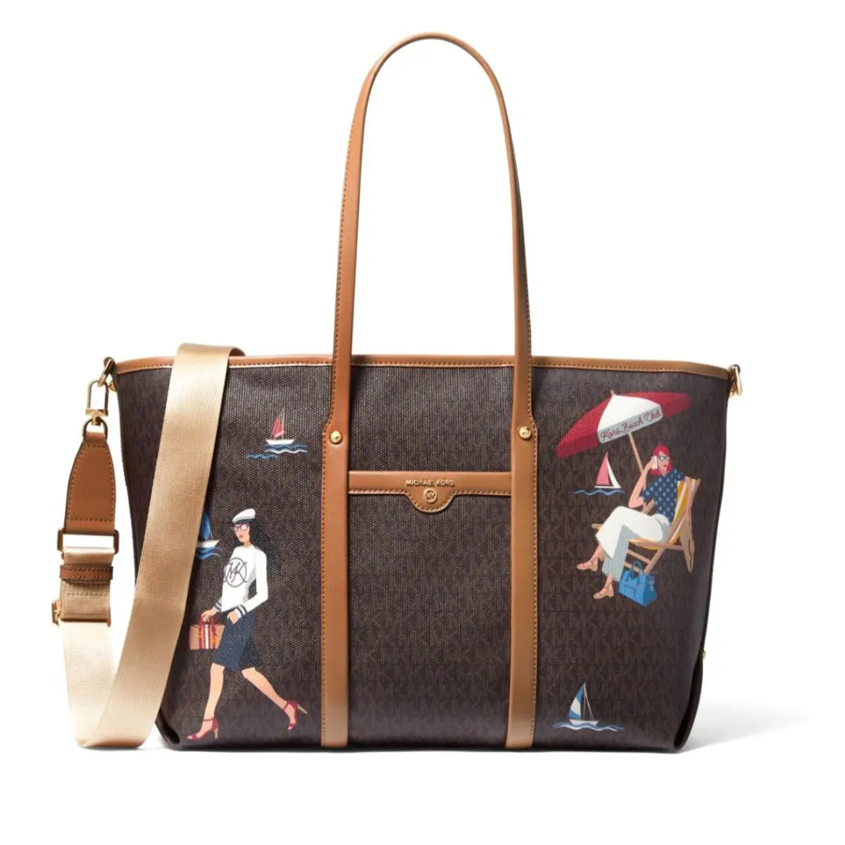 Michael Kors Beck Extra Large Jet Set Tote Bag Brown Multi 30S1GKNT3Y - Handle/Strap: Brown, Hardware: Gold, Exterior: Brown