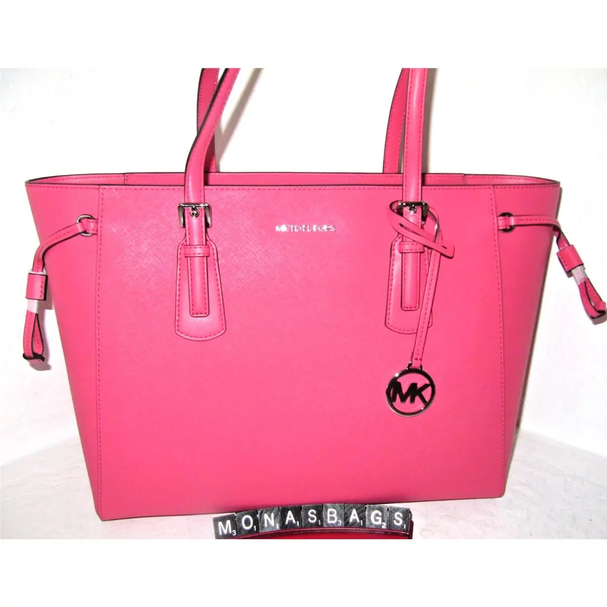 Michael Kors Voyager Large Hibiscus Pink Leather Top Zip Tote Bag