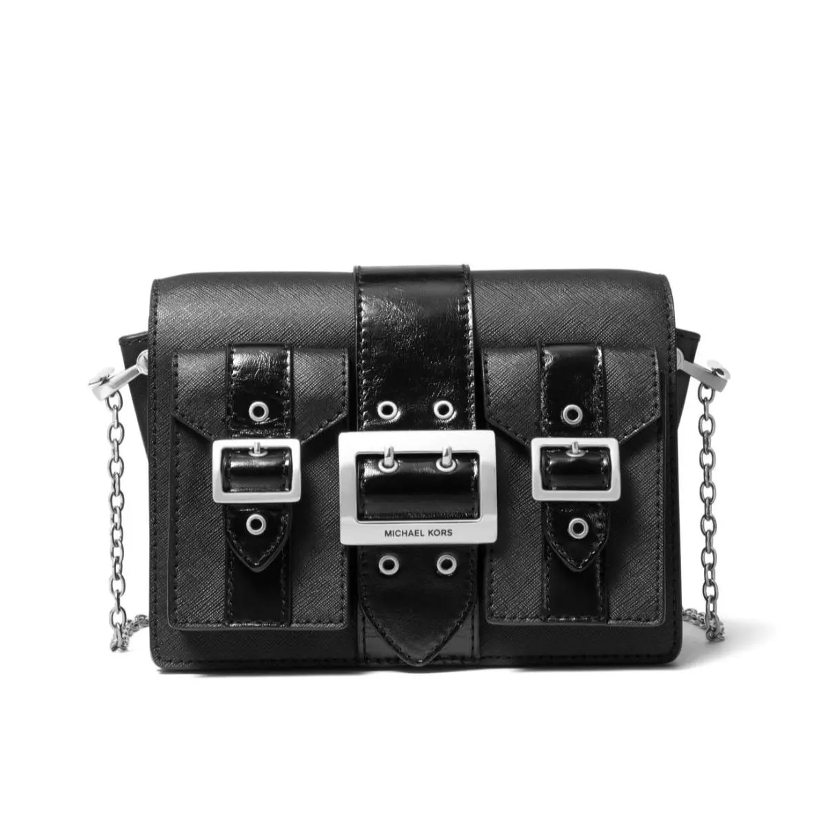 Michael Kors Hayden Medium Saffiano Leather Messenger Bag Black 30F9S0YM8L - Handle/Strap: Silver, Hardware: Silver, Exterior: Black