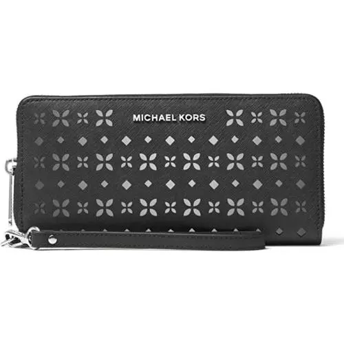 Michael Kors Jet Set Travel Perforated Black Silver Leather Continental Wallet
