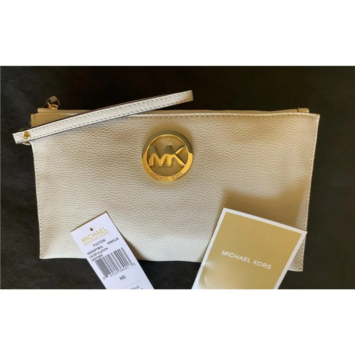 Michael Kors Fulton Vanilla Lg Pebble Leather Zip Top Wristlet Clutch