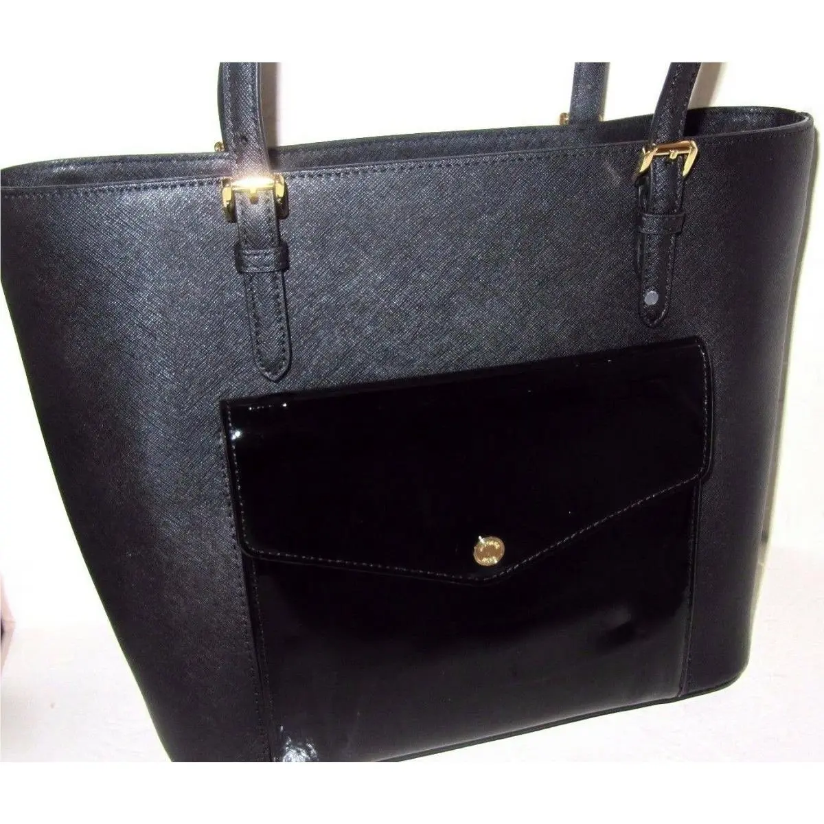 Michael Kors Black Leather Jet Set Patent Trim Pocket Tote Bag