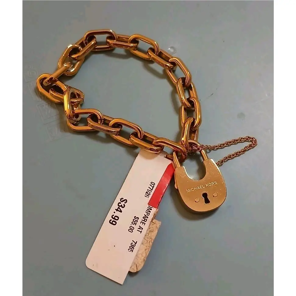 Gold Tone Link Chain Bracelet Padlock Lock Charm by Michael Kors