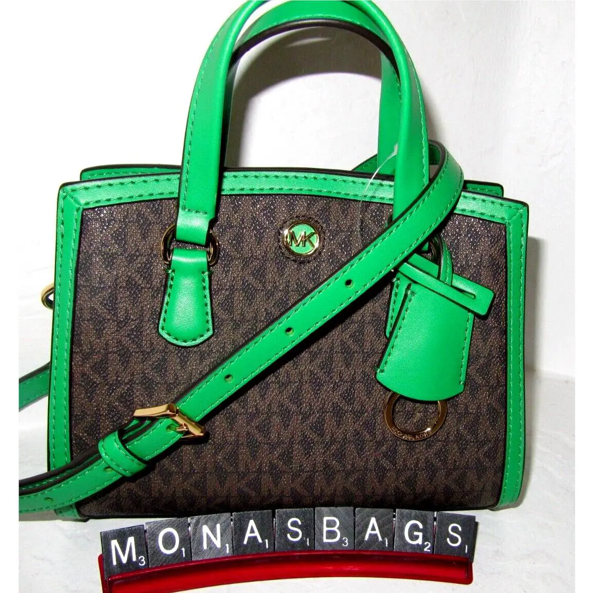 Brown Signature Small Chantal Crossbody Bag Palm Green Leather by Michael Kors