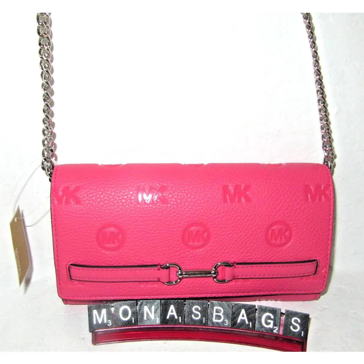 Michael Kors Carson Large Wallet On A Chain Hibiscus Pink MK Emboss Leather