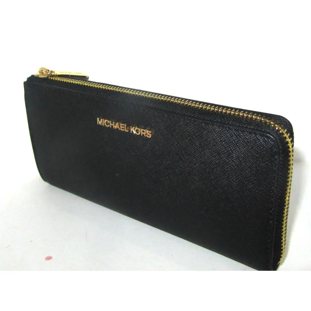 Michael Kors Jet Set Travel Large Three-quarter Zip Wallet Black Leather NWT$228