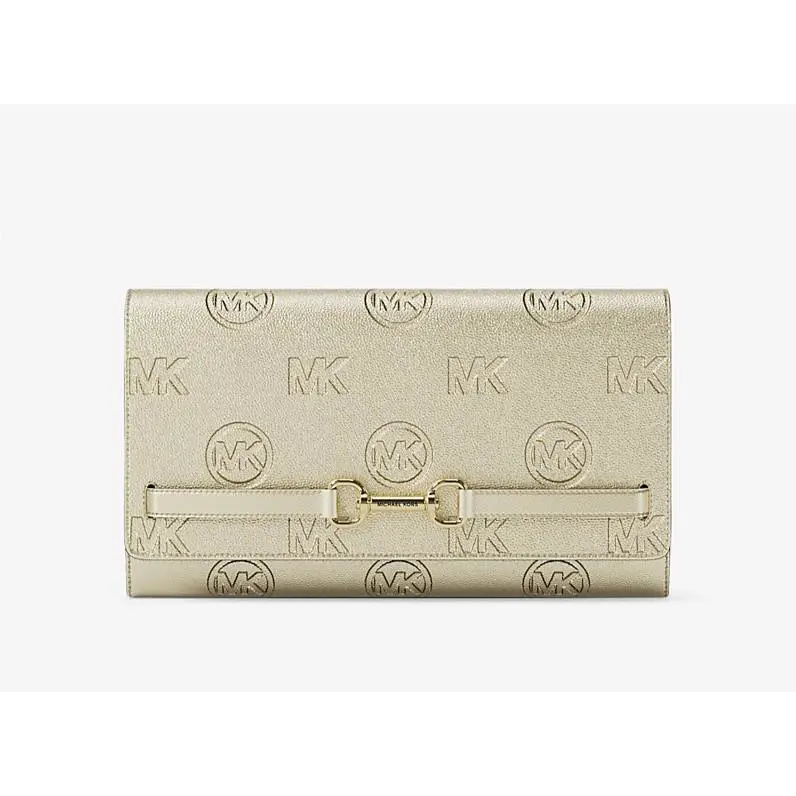 Michael Kors Large Carson Wallet On Chain Embossed Logo Crossbody Bag Pale Gold
