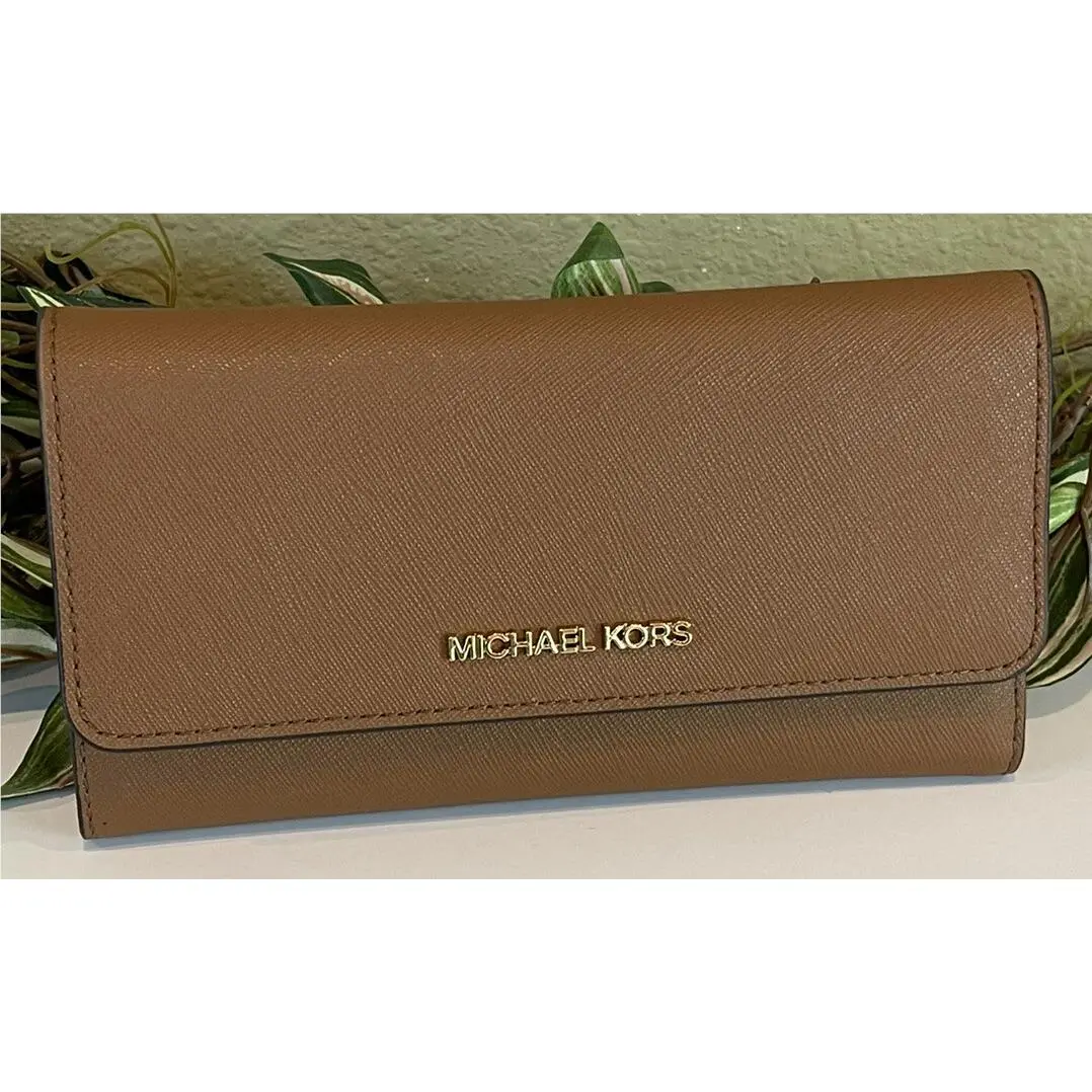 Jet Set Travel Large Trifold Wallet Clutch MK Brown Luggage Leather by Michael Kors