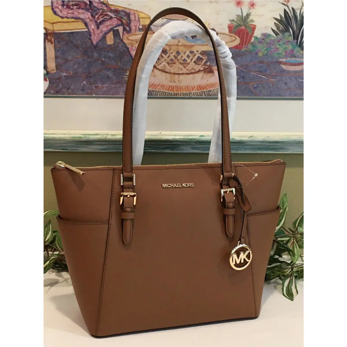 Michael Kors Charlotte Medium Large Zip Tote Shoulder Bag Luggage Brown Leather