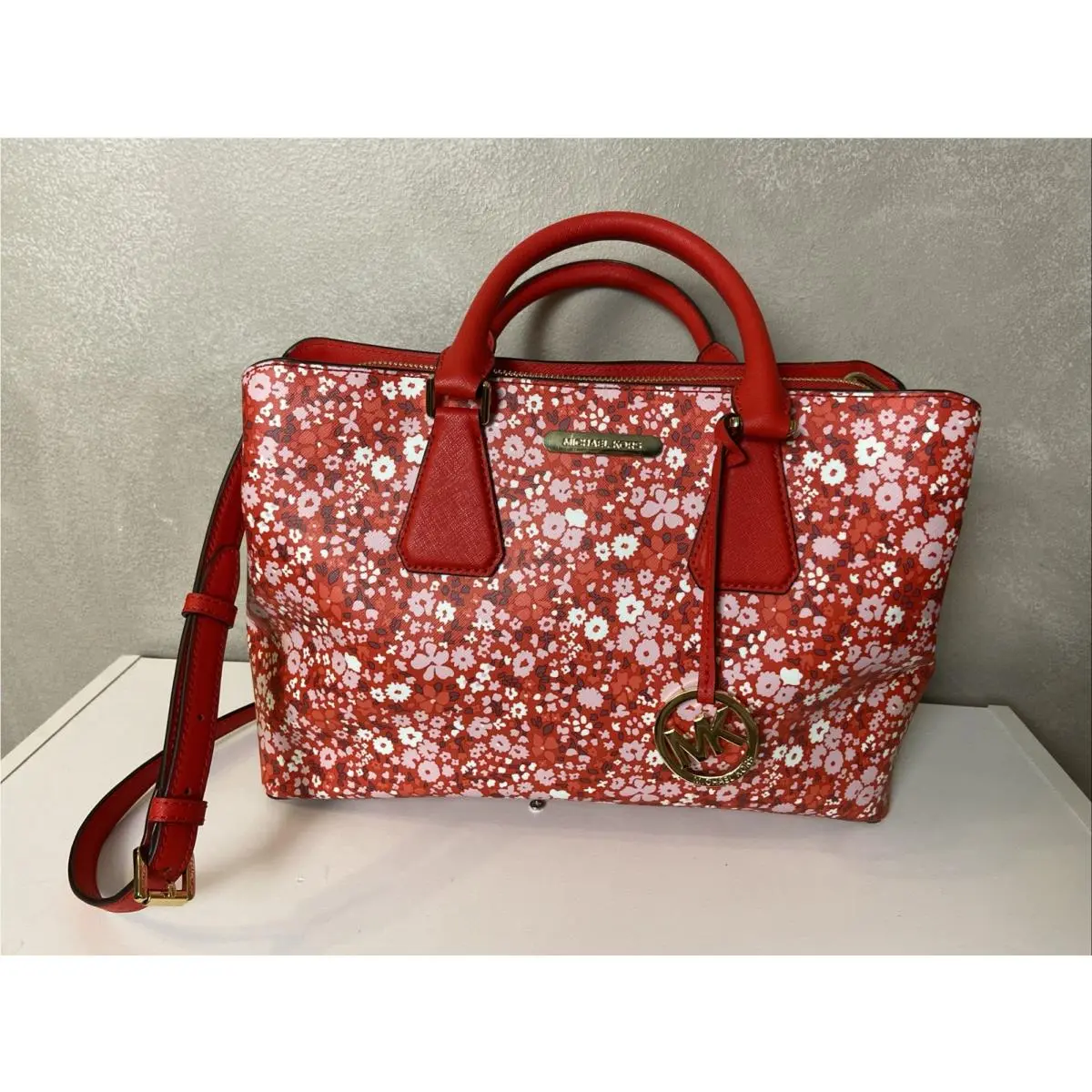 Michael Kors Camille MK LG Satchel Floral Bag Sangria Red Gold 38S8XCAS3R Summer