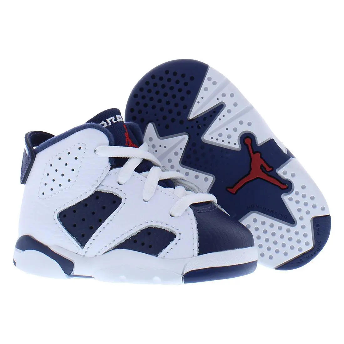 Nike Jordan 6 Retro Leather Infant/toddler Shoes Size 4 Color: White/varsity - White/Varsity Red/Midnight Navy, Main: Blue