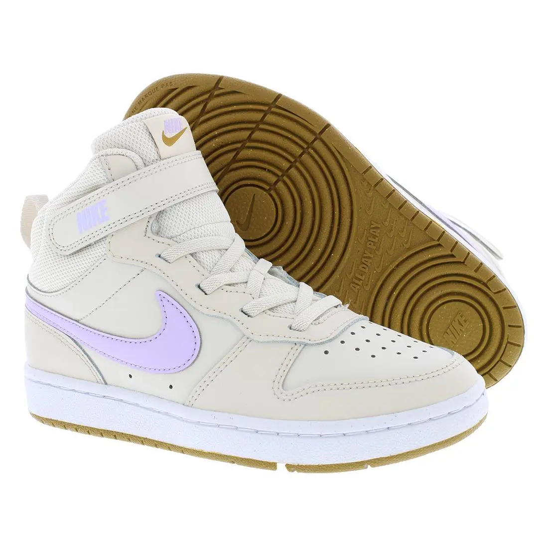 Nike Court Borough Mid 2 Leather PS Boys Shoes Size 2 Color: Light Orewood - Light Orewood Brown/Lilac Bloom, Main: Beige