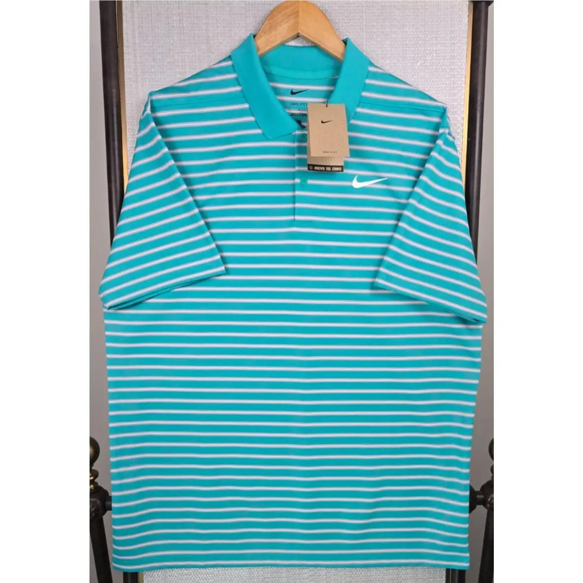 Nike Golf Mens Sz Large Polo Shirt Turquoise Stripe Dri-fit Performance