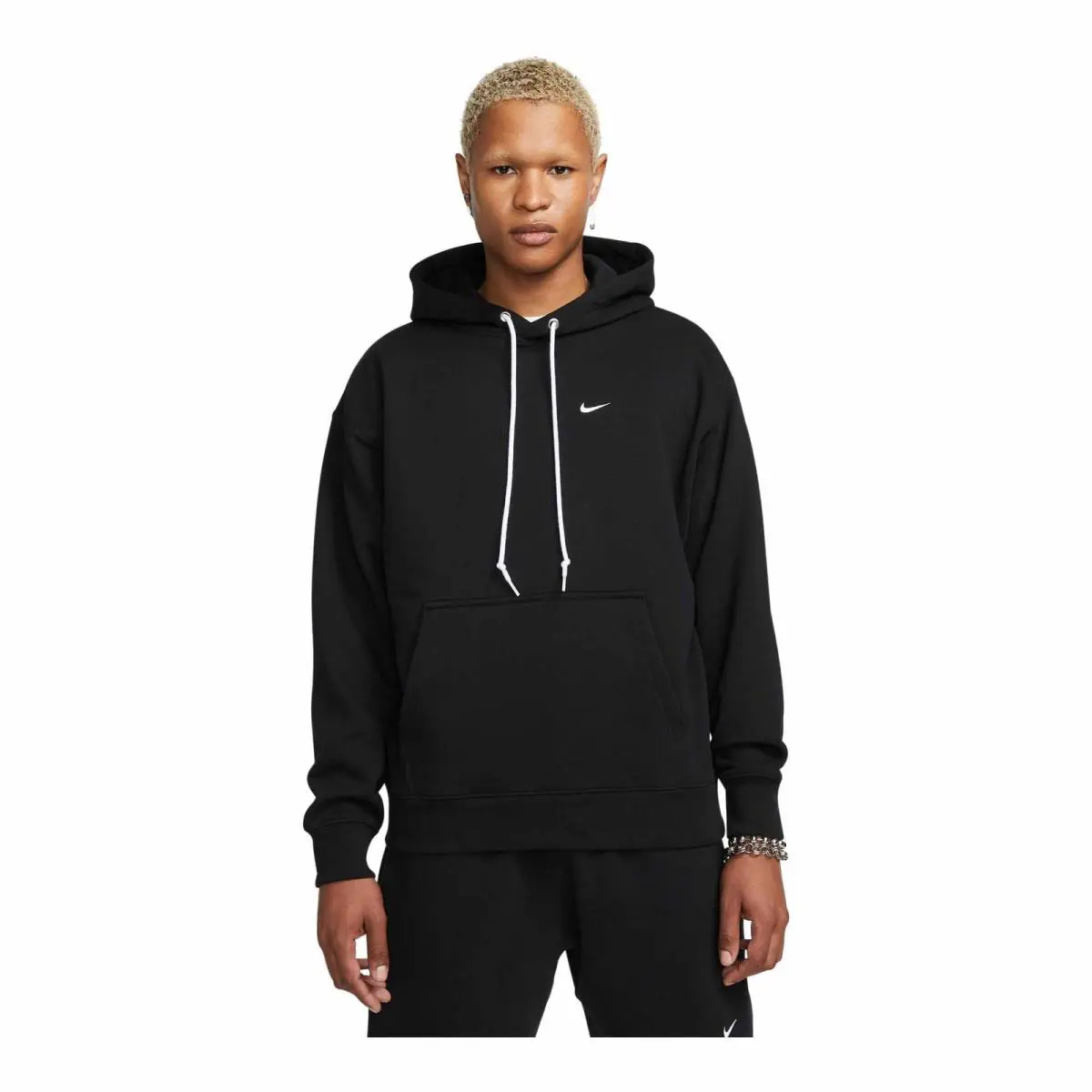 Nike Solo Swoosh Men`s French Terry Pullover Hoodie - BLACK/WHITE