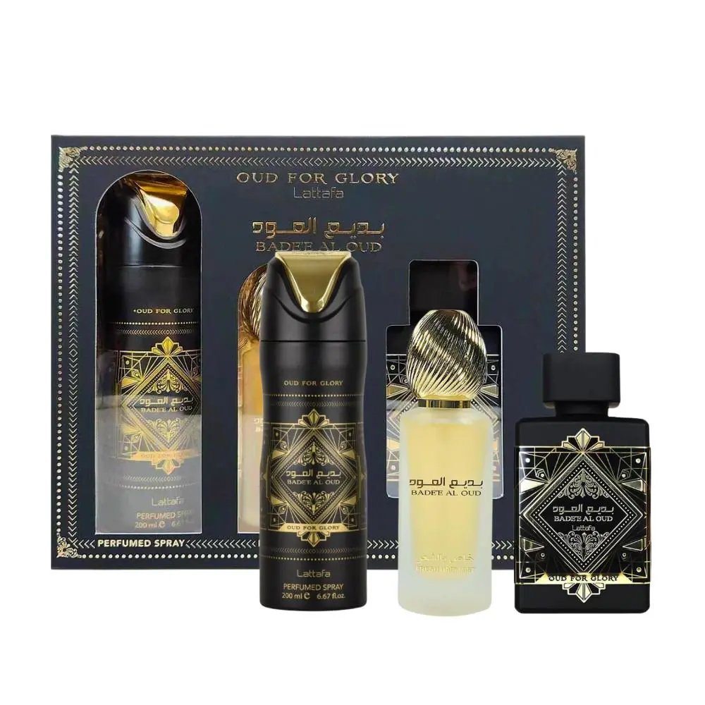 Lattafa Bade`e Al Oud Glory 3PC Gift Set 3.4oz Edp + Deo Spray + Hair Mist