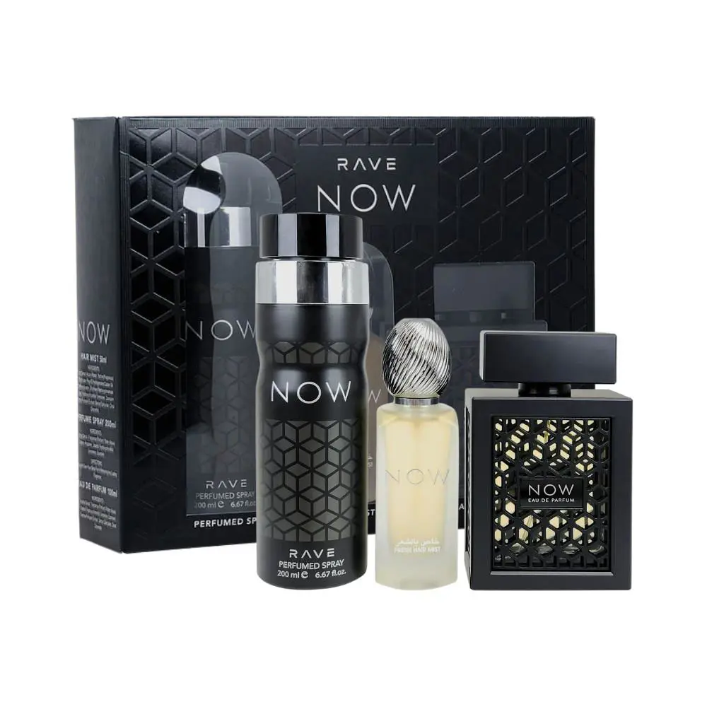 Now Rave by Lattafa 3pc Gift Set For Men Edp + Hair Mist + Fragrance Mist