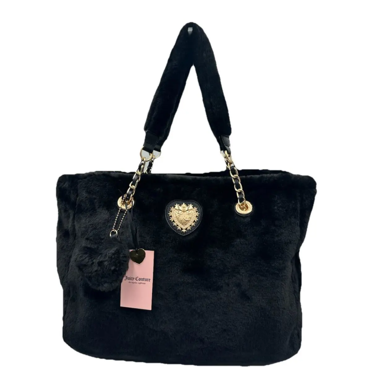 Juicy Couture Love Furry Friends Black Fur Tote Bag Gold Heart