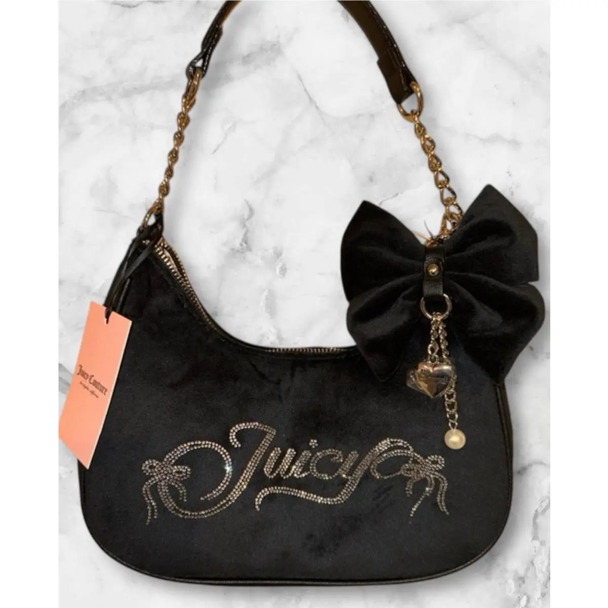 Juicy Couture Liquorice Black Velour Shoulder Bag - Rhinestone Logo Bow