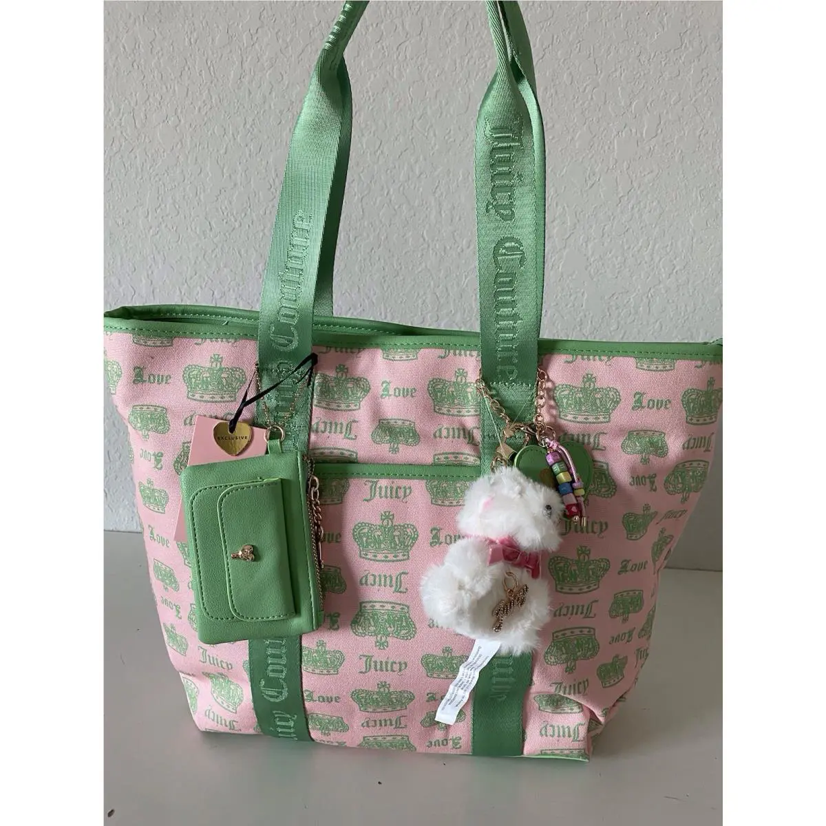 Juicy Couture Crown Juicy Festival Tote Bag Pink Diamond Green W/plush Charm