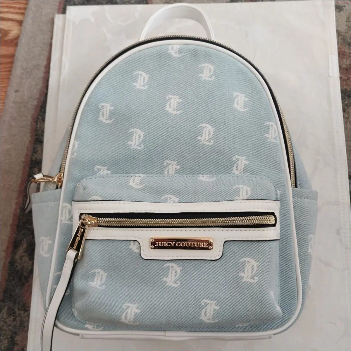 Juicy Couture Rosie Mini Backpack Light Blue Denim Monogram JC Gold Hardware Bag