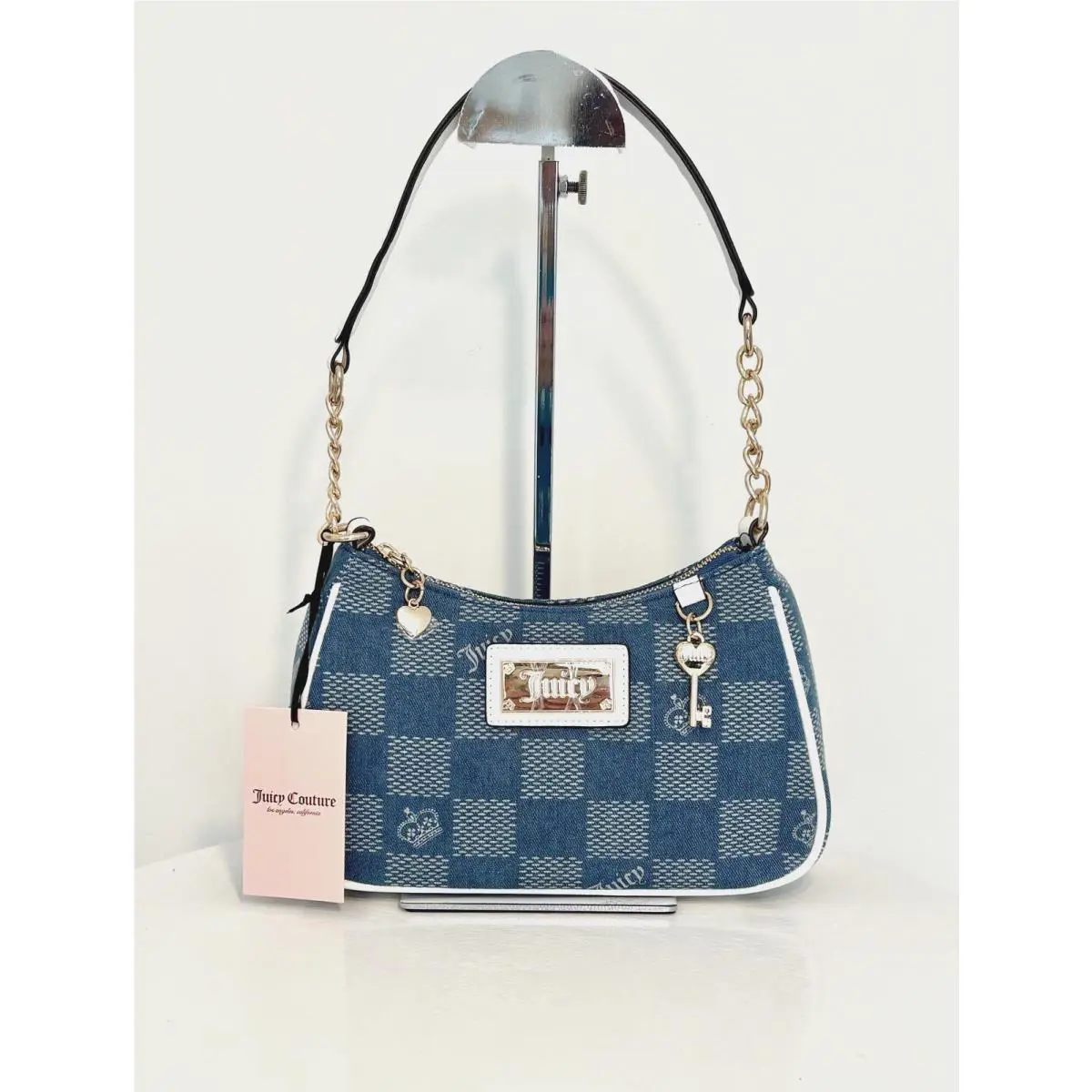Juicy Couture Wash Blue Denim Handbag Purse Gold Logo Key Charm Shoulderbag