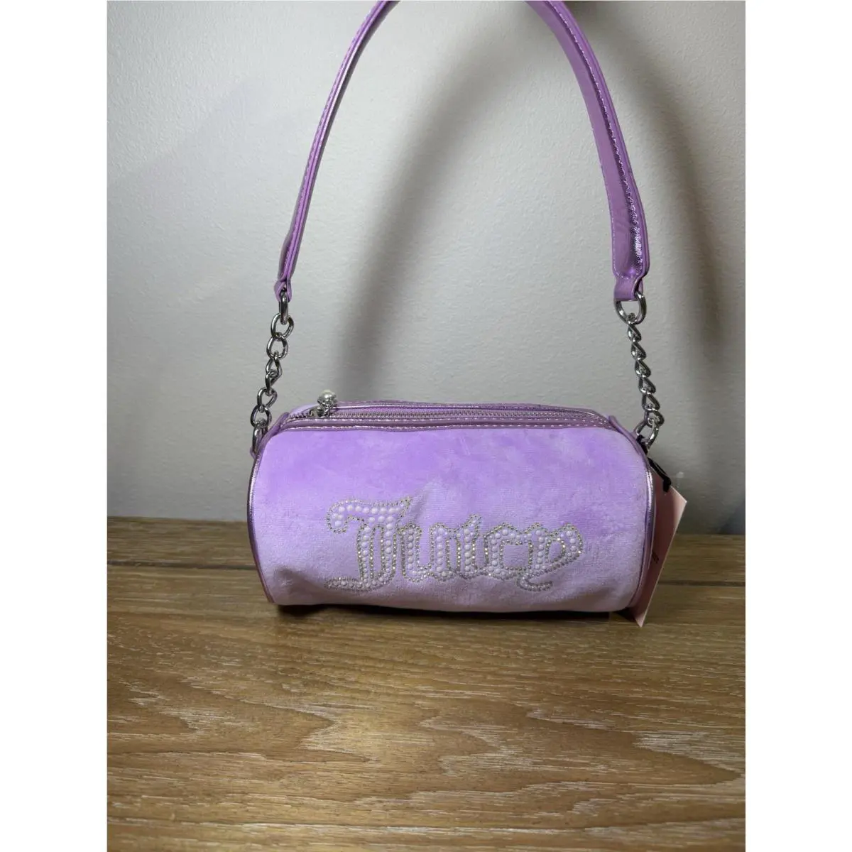 Juicy Couture Violet Barrel Bag with Rhinestone Logo Pearl Pull