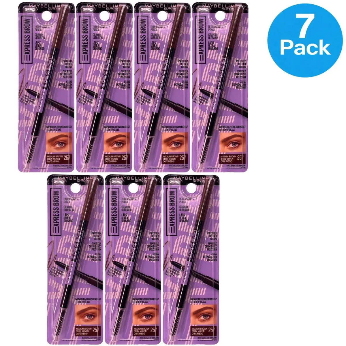 Maybelline Express Brow Pencil 0.003 oz 257 Medium Brown 7 Pack