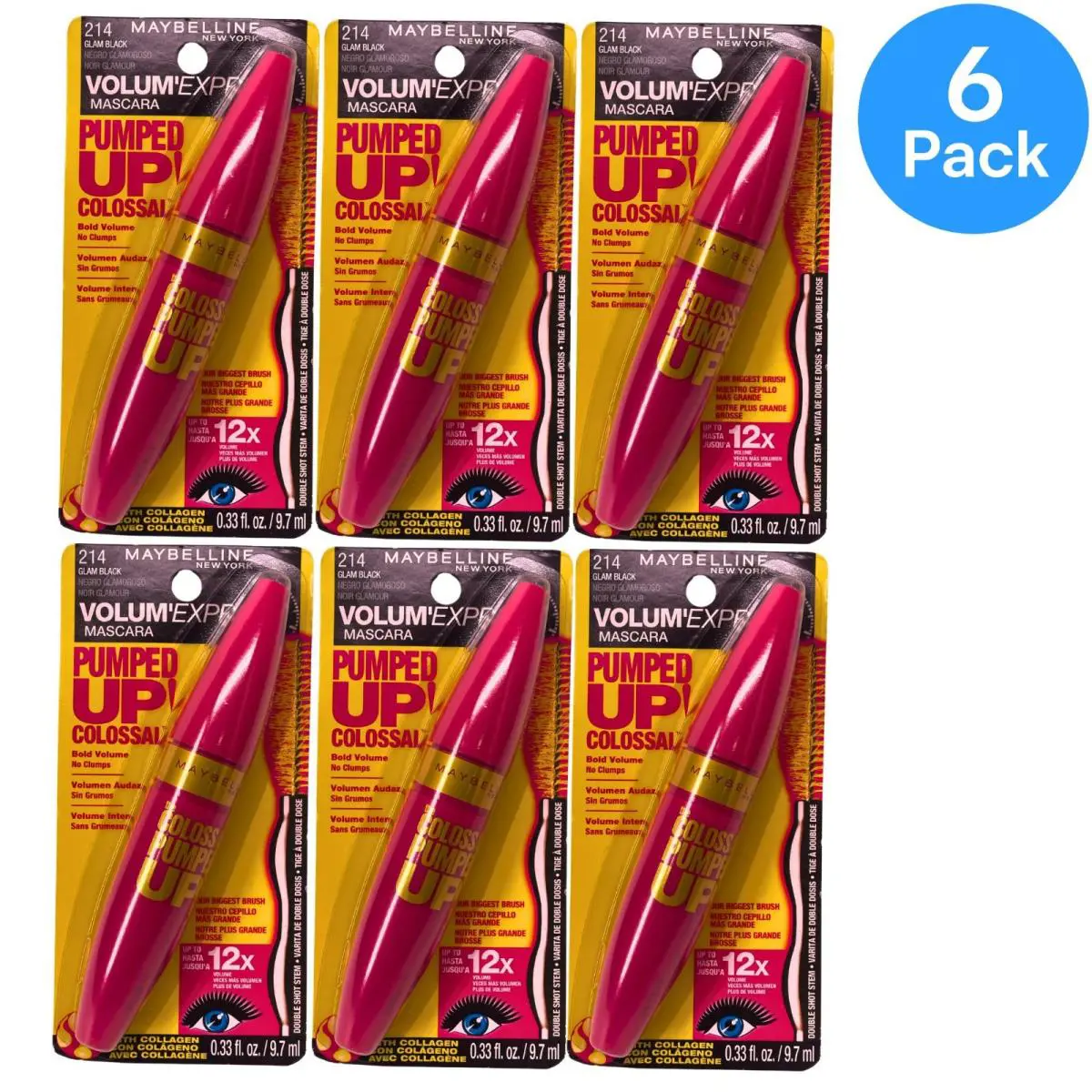 Volum` Express Pumped Up Mascara 0.33 oz Glam Black 6 Pack New by Maybelline