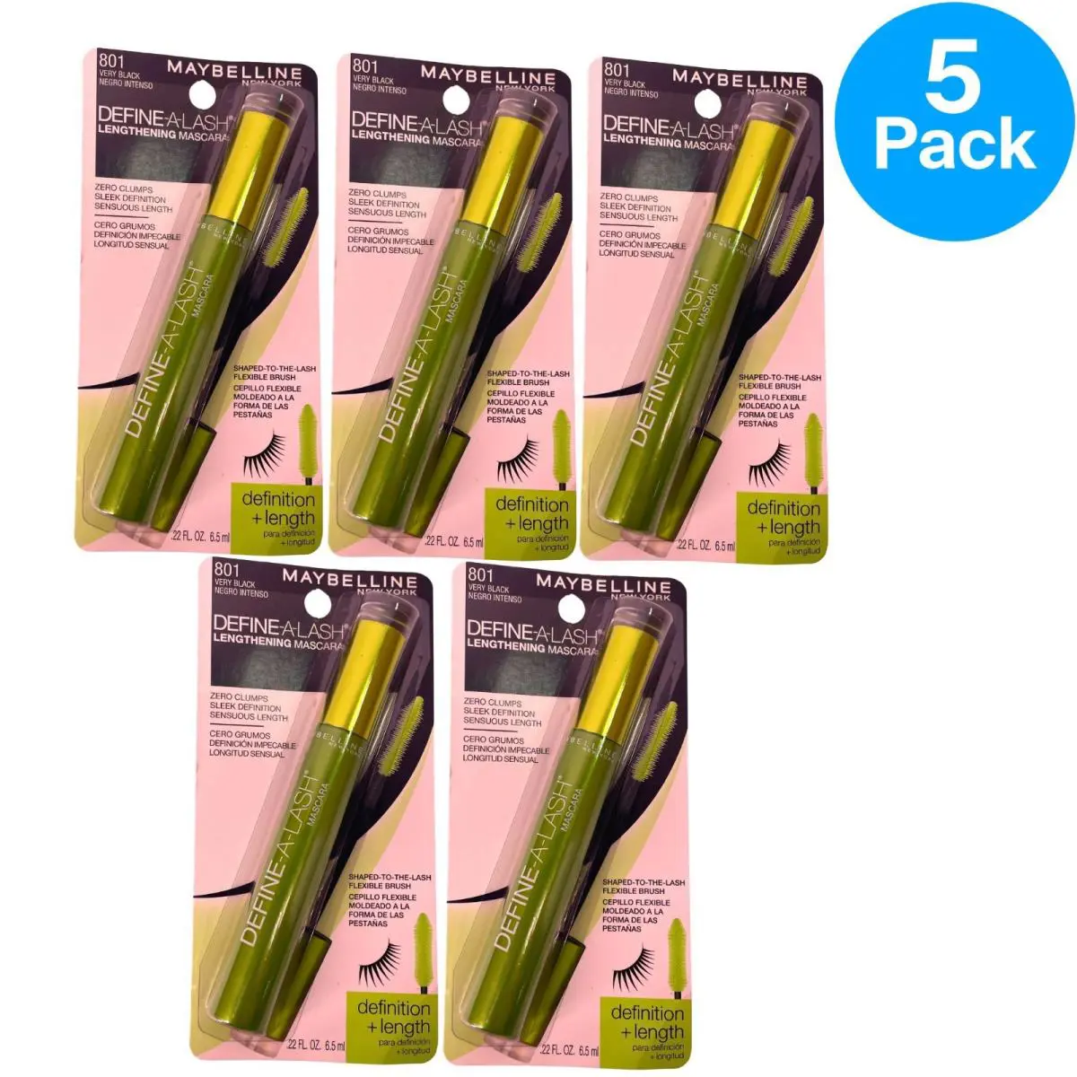 Maybelline Define-a-lash Mascara 0.22 oz Very Black 801 5 Pack New