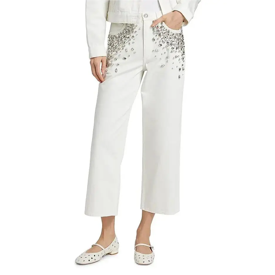 Rag Bone The Andi Embellished High Rise Ankle Wide Leg Jeans 26 White Jewel