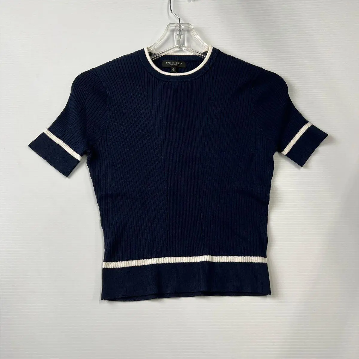 Rag Bone Kassy Ribbed Short-sleeve Sweater Women`s Size S Navy