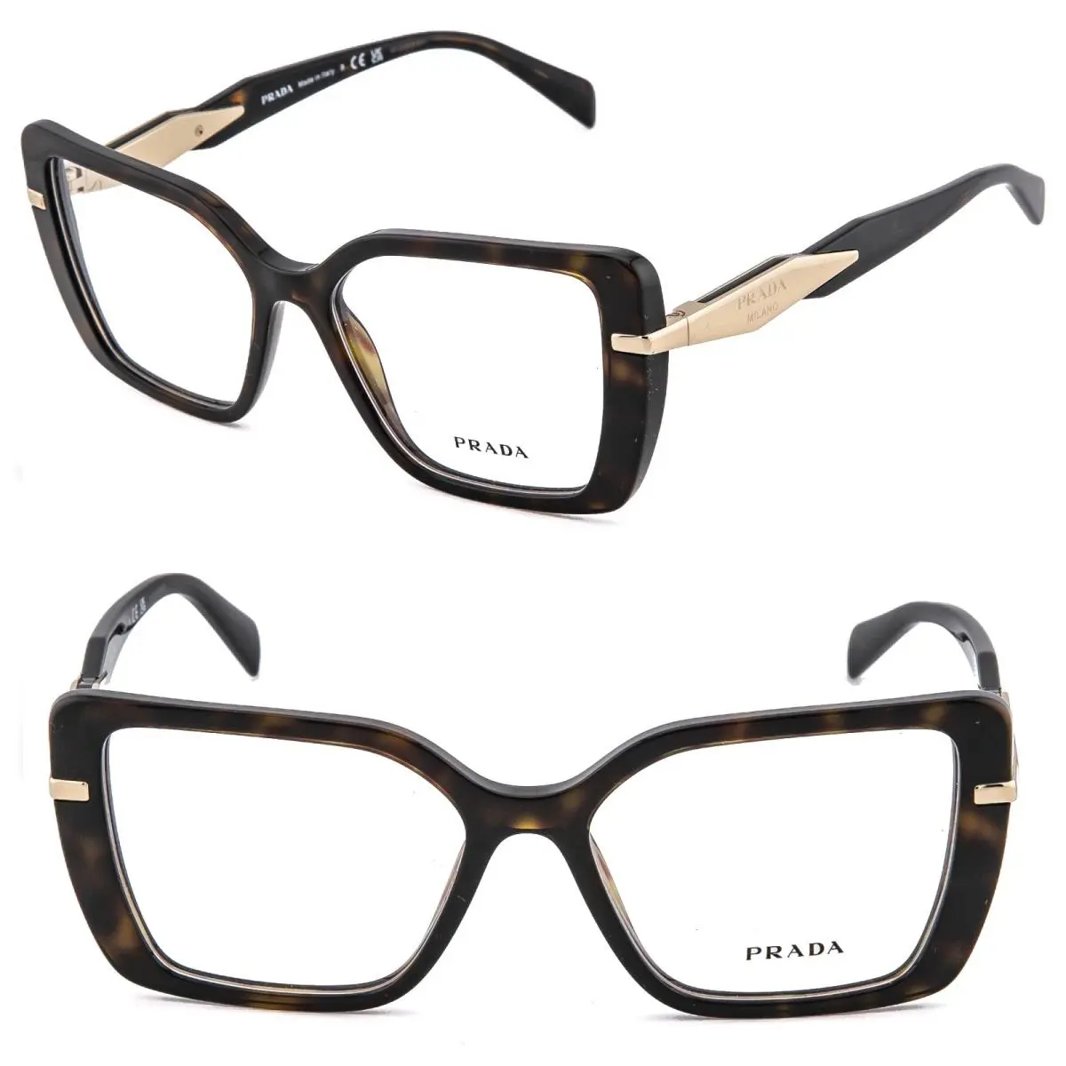 Prada Symbole PR03ZV Brown Havana Geometric Bold Eyeglasses Optical 03Z 03ZV