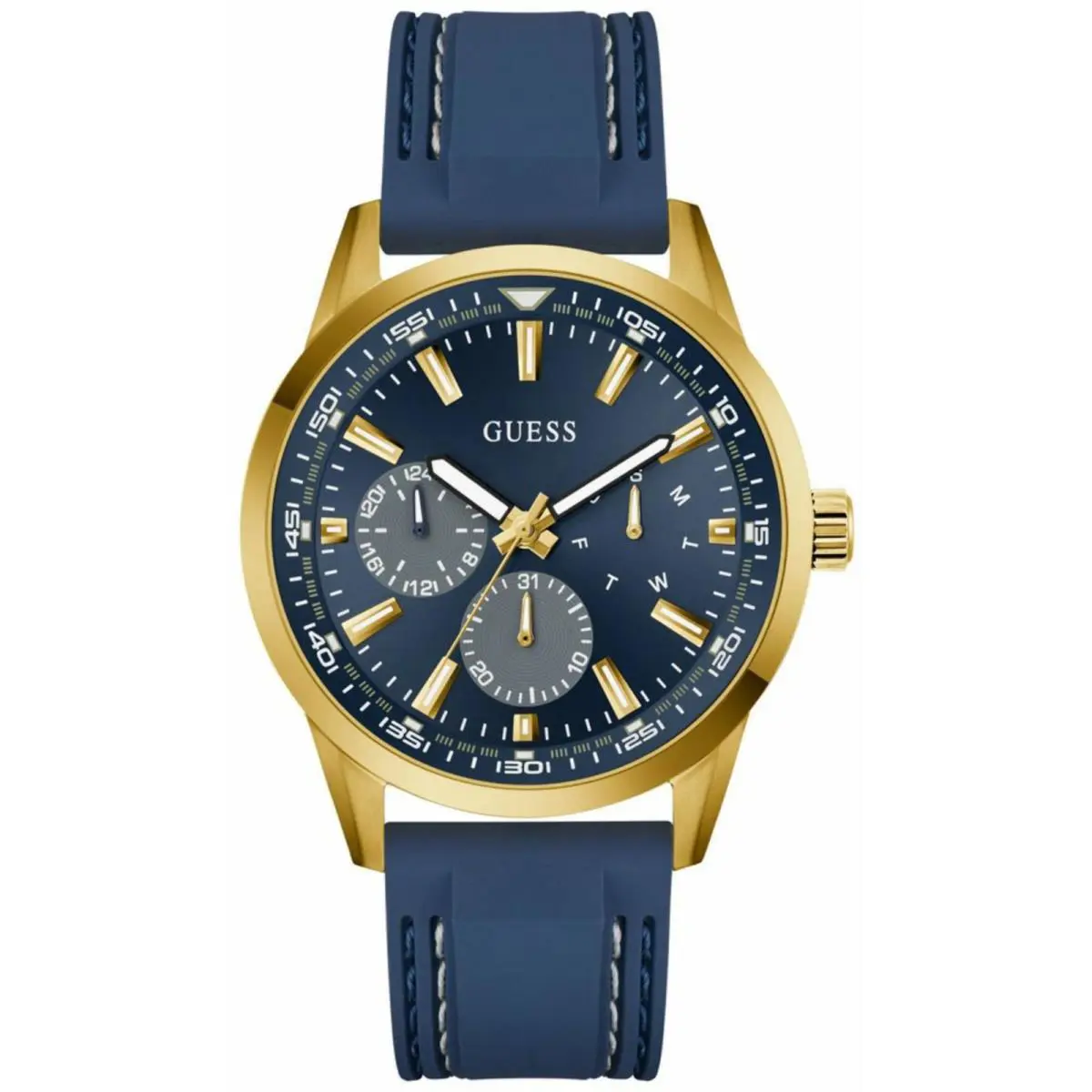 Guess Men`s Watch Peak Quartz Blue Dial Yellow Gold Case Silicone Strap GW0964G2