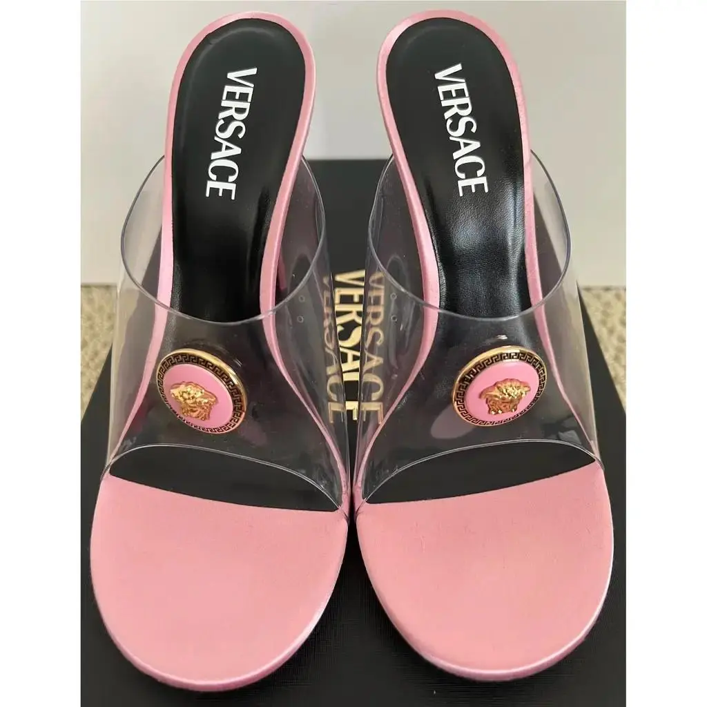 Versace Pink Silk Medusa Head Greek Key Sandals Pumps 39.5 9.5 Italy