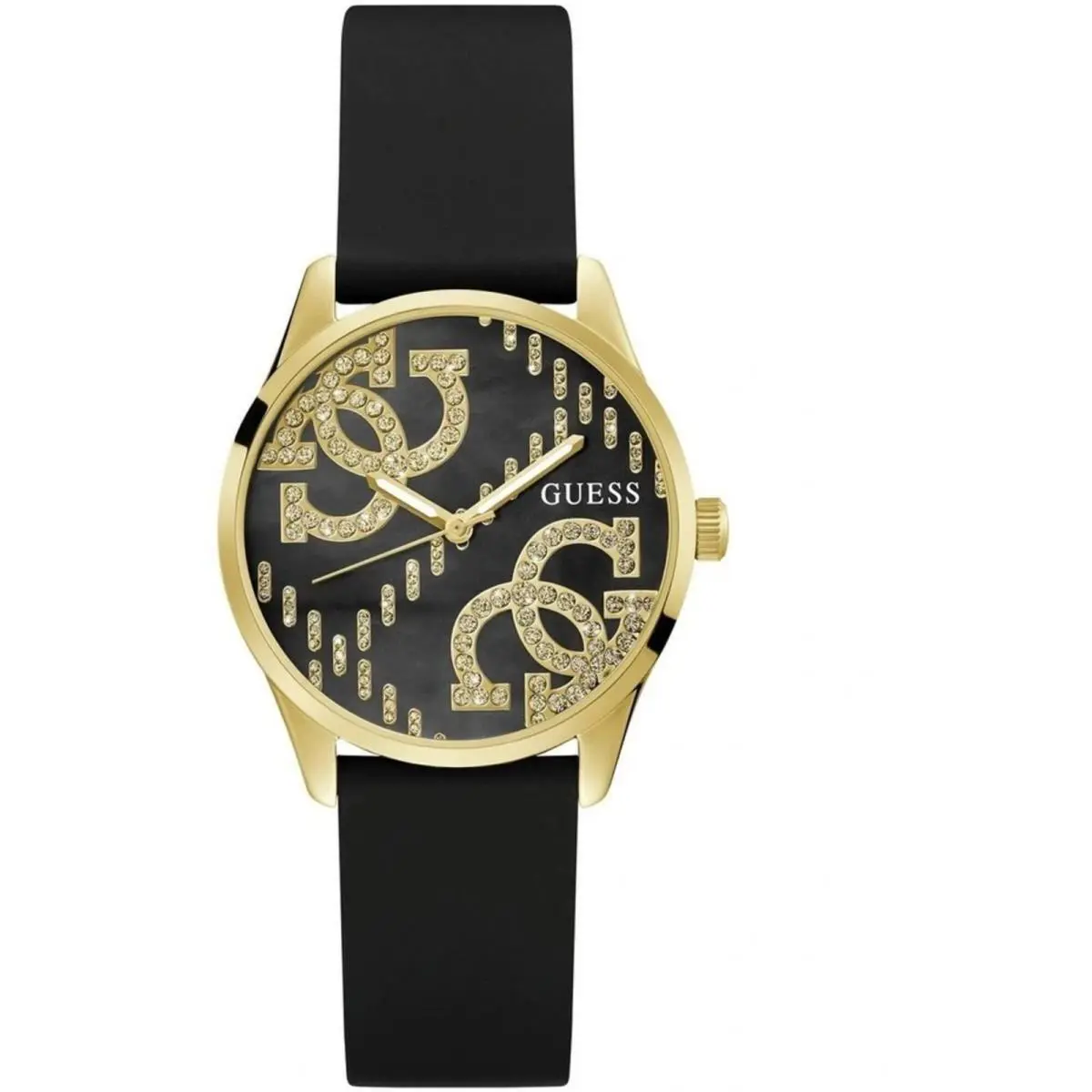 Guess Women`s Watch Quartz Yellow Gold Case Black Dial Silicone Strap GW0755L3