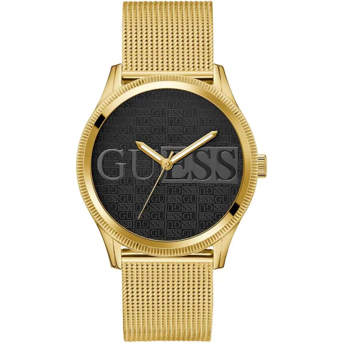 Guess Men`s Watch Quartz Black Dial Yellow Gold Steel Mesh Bracelet GW0710G2