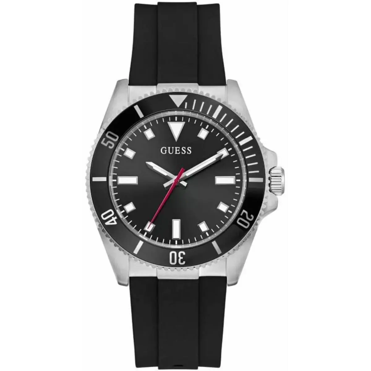 Guess Men`s Watch Quartz Silver Case Black Dial Silicone Rubber Strap GW0969G1