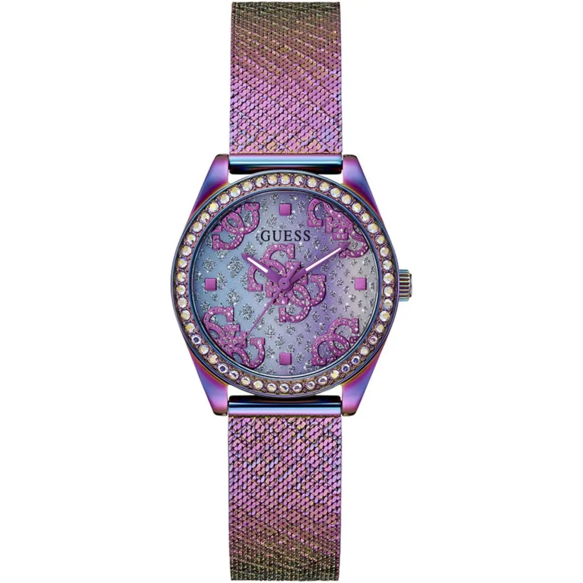 Women`s Watch Quartz Purple Dial Iridescent Steel Mesh Bracelet GW0748L3 by Guess