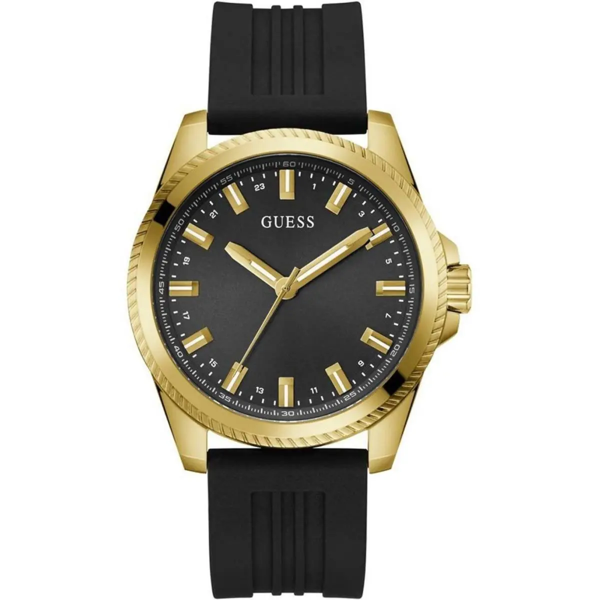 Guess Men`s Watch Quartz Yellow Gold Case Black Silicone Rubber Strap GW0639G2